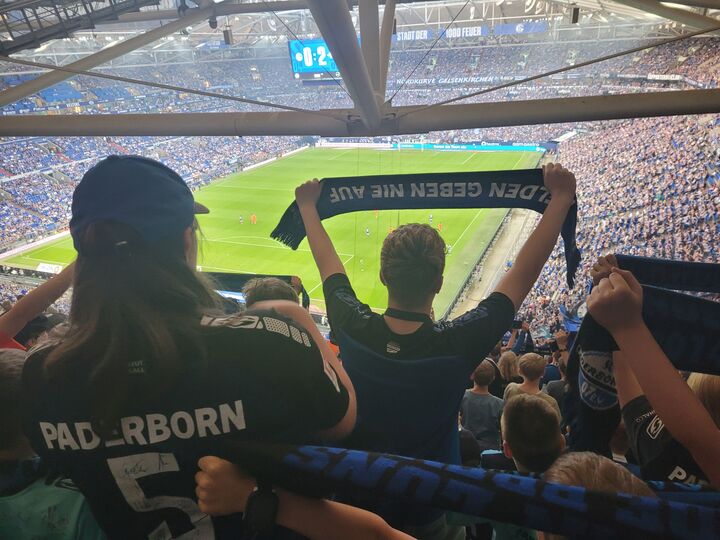 Ein Junge der seinen Schal über dem Kopf hält mit Blick in die Veltins-Arena auf Schalke zum Spielfeld.